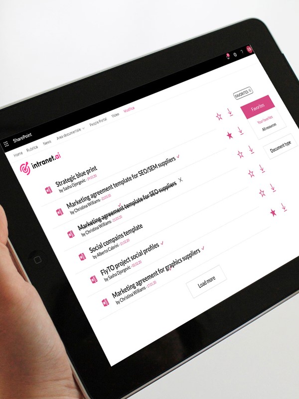 contenuti e documenti dell'azienda condivisi in un'app Intranet per dispositivi mobili