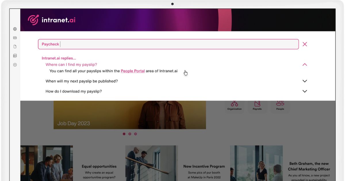 Suggerimenti di ricerca nella intranet SharePoint di intranet.ai