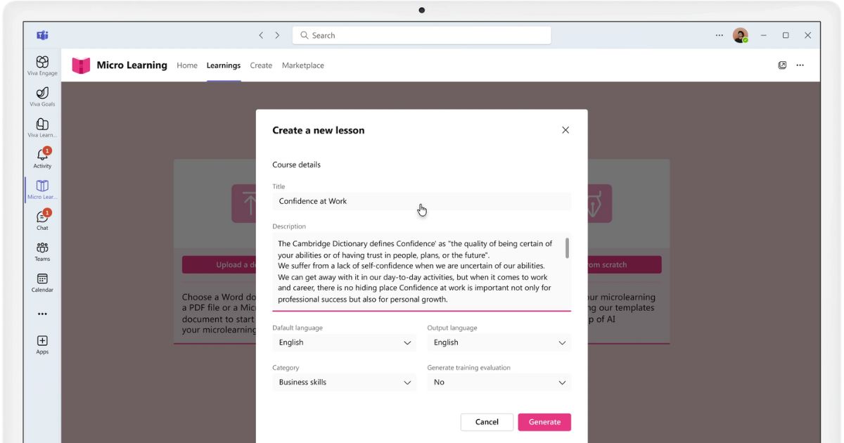 Creating a text-based lesson with Microlearning by intranet.ai