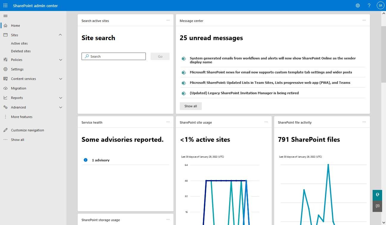 Home page of the SharePoint Admin Center